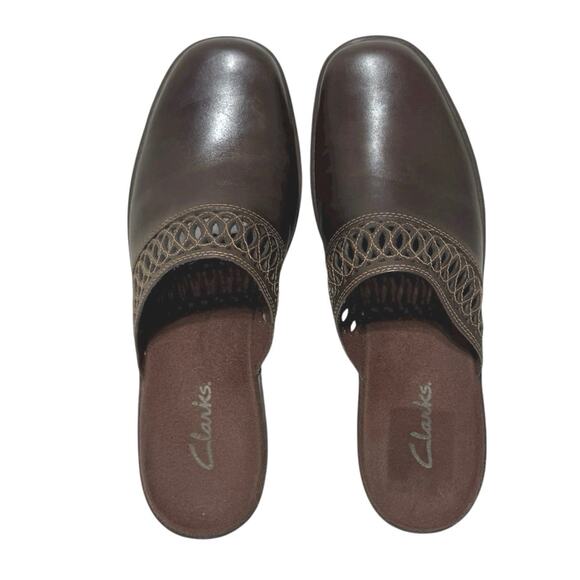 Clarks Women’s Brigit Brown Leather Mules Clogs Slip On Cutout Detail Size 8.5 M - Picture 5 of 12